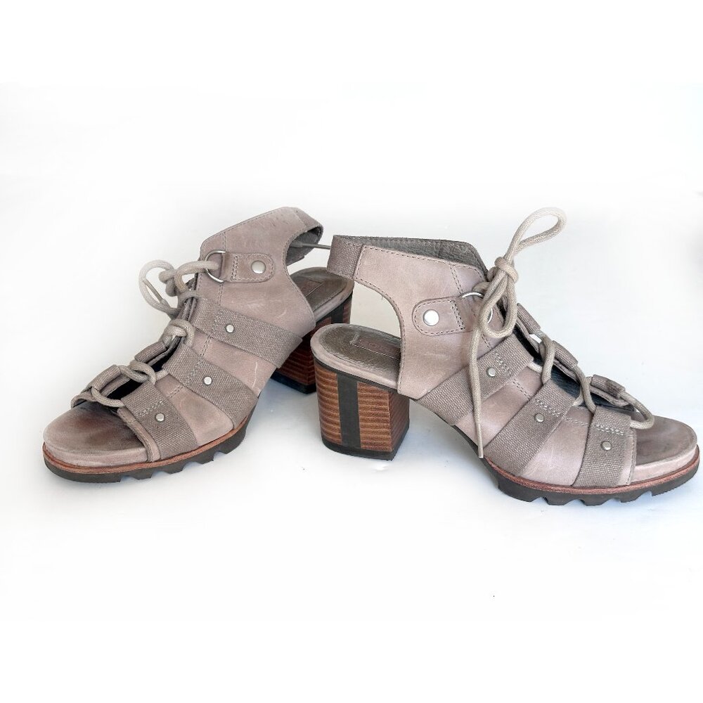 Sorel Addington Sandal Pebble Beige Peep Toe Block Heel Lace Sandals Size 6.5